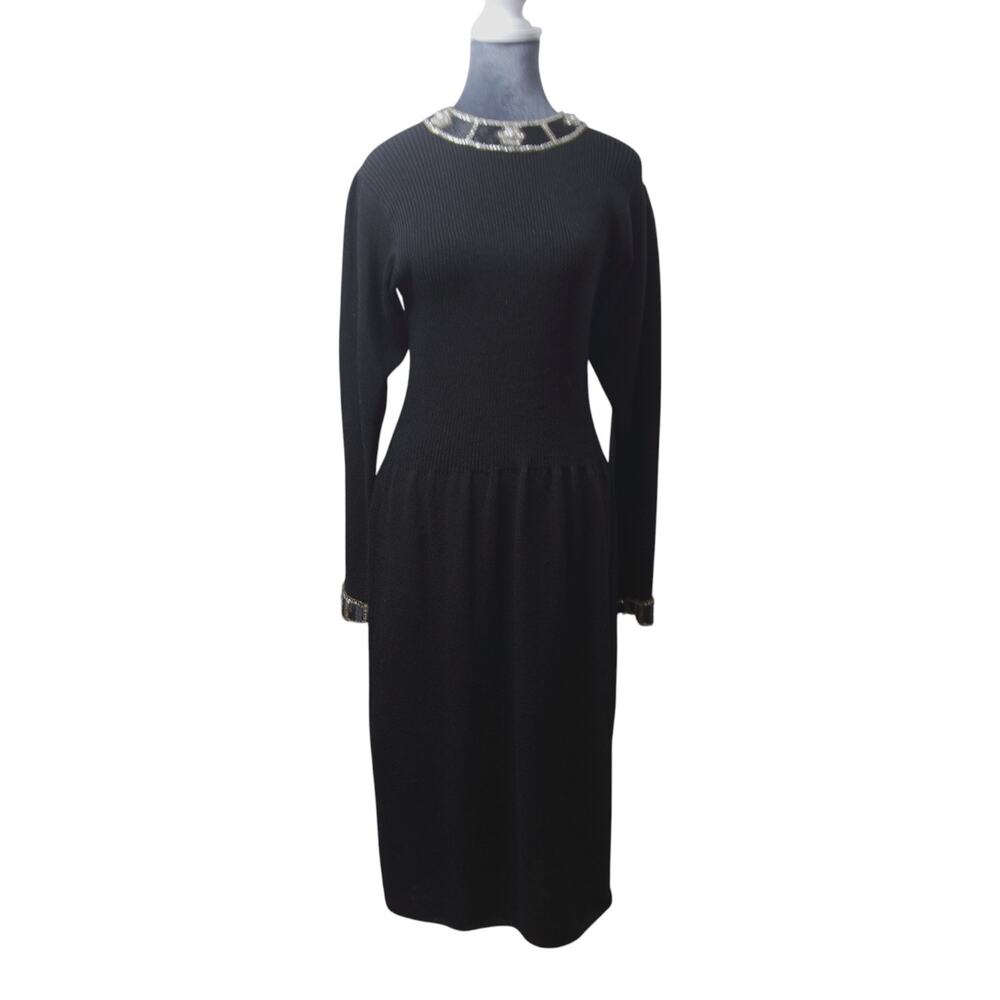 Don Sayres for Wellmore Black Wool Blend Beaded Sweater Dress Long Sleeve